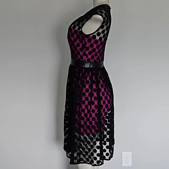 Milly black polka dot mesh dress magenta lining-4 - Picture 2 of 8